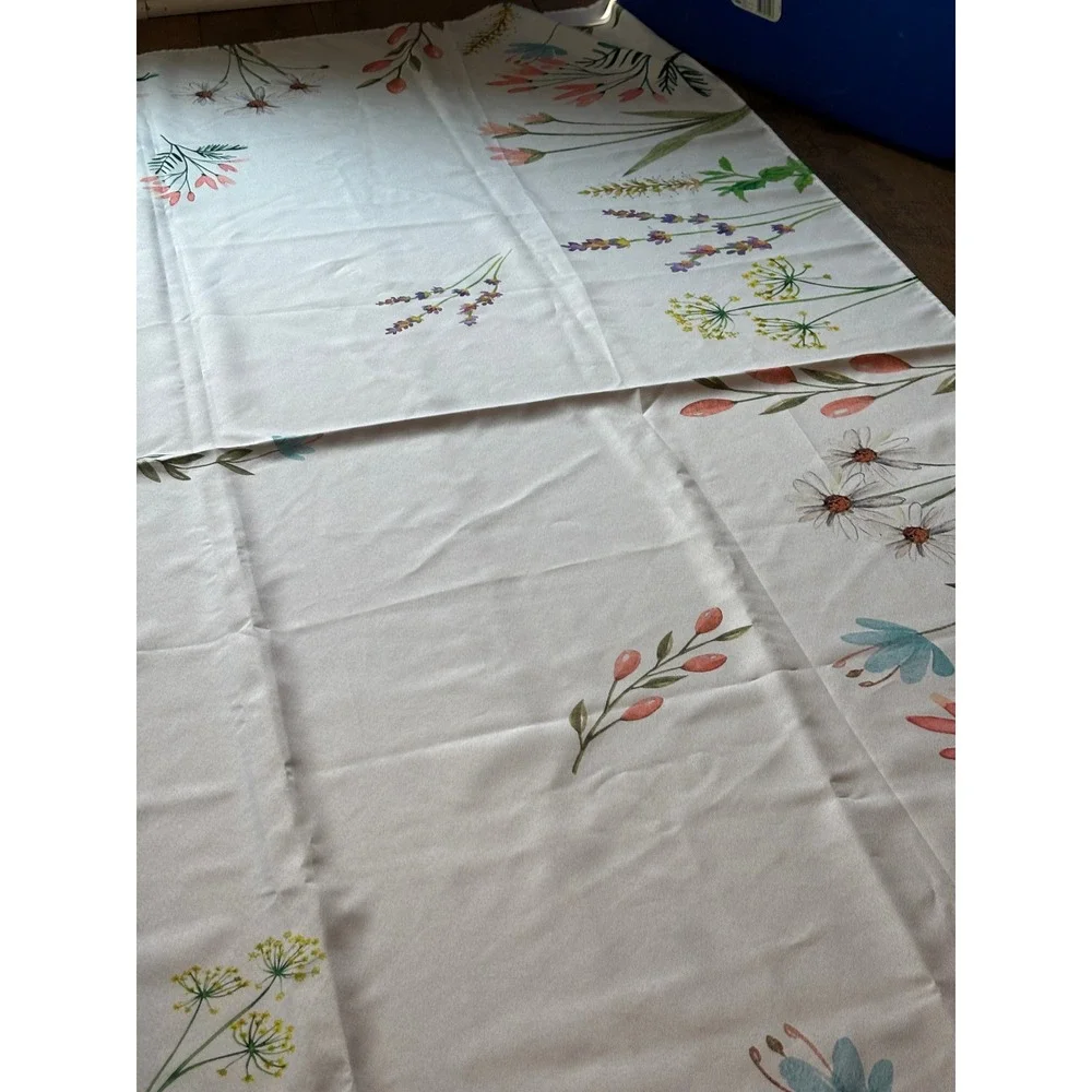 Wildflower Botanical Print White Satin Rectangular Tablecloth Floral Cottagecore